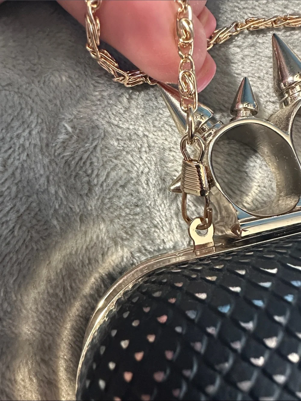 EUC Just Fabulous Studded Knuckle-Handle Black Clutch Bag w/Gold Chain